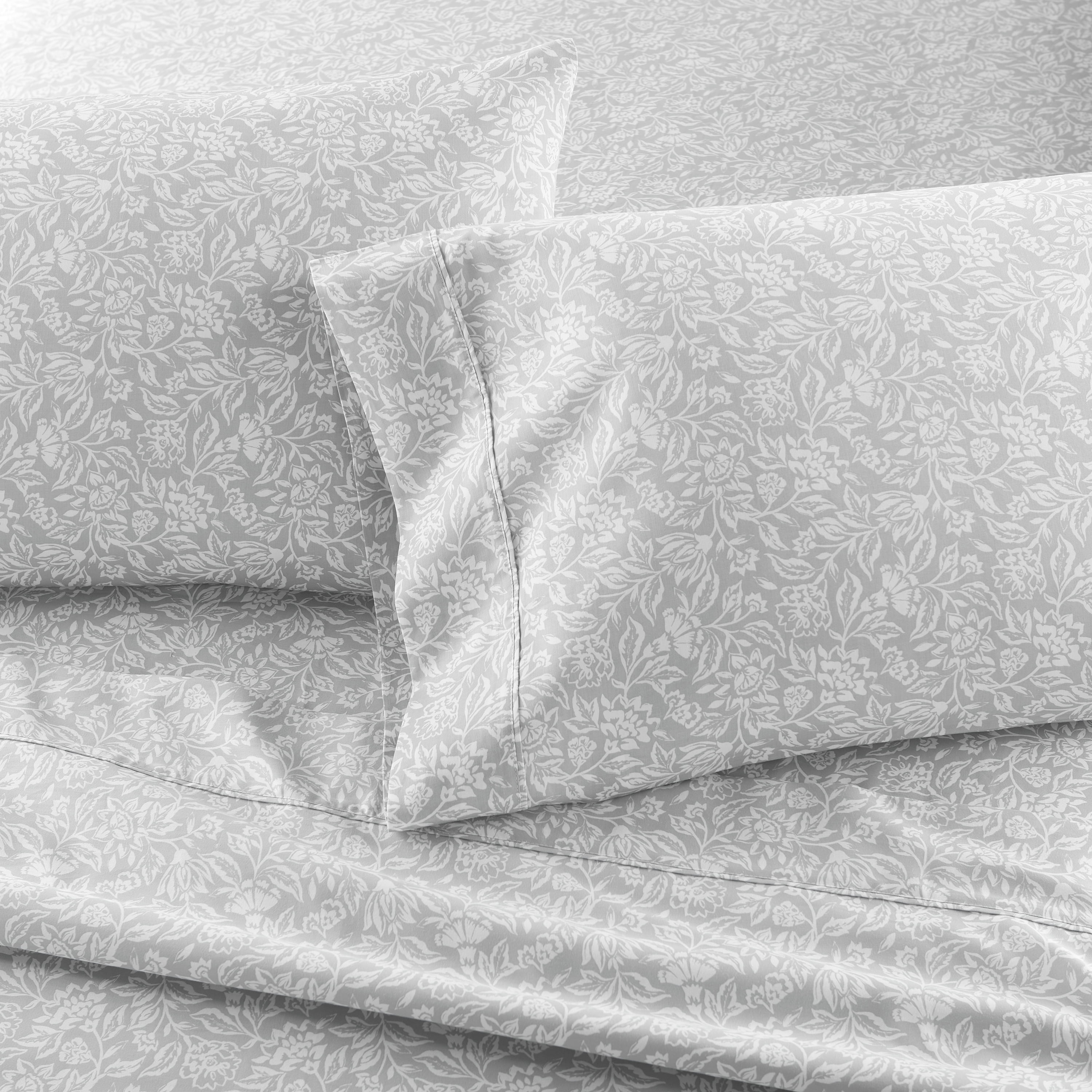 Better Homes & Gardens 2-Piece 300 Thread Count Block Print Floral Soft Silver Cotton Sateen Pillowcase Set, Standard/Queen