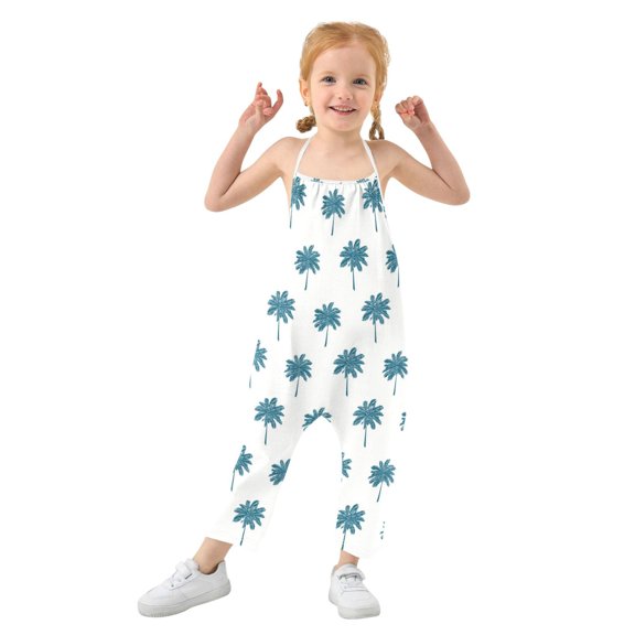 Girls' Jumpsuits Rompers Summer Casual Sleeveless Rompers With Pockets Spaghetti Strap Romper Teal Palm Tree Pattern 1T
