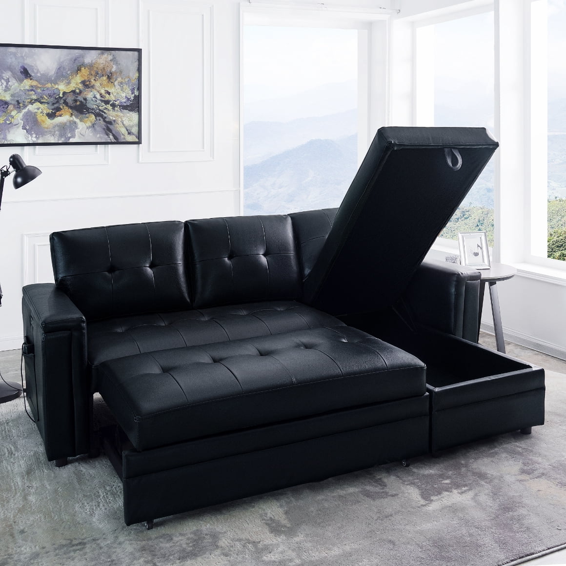 Naomi Home Lily Sectional Sleeper Sofa with USB ports-L-Shaped Couch Convertible faux leather sectional Pull-Out Bed, Ample Storage, Long-Lasting for Modern Living, Black, Air Leather