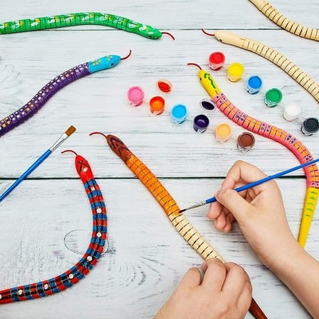 Wooden Snake Craft Supplies 10-Pieces - Flexible Jointed Snakes with 12 Color Paint Set, Unfinished Wood Reptile Toys for Arts & Party Decor