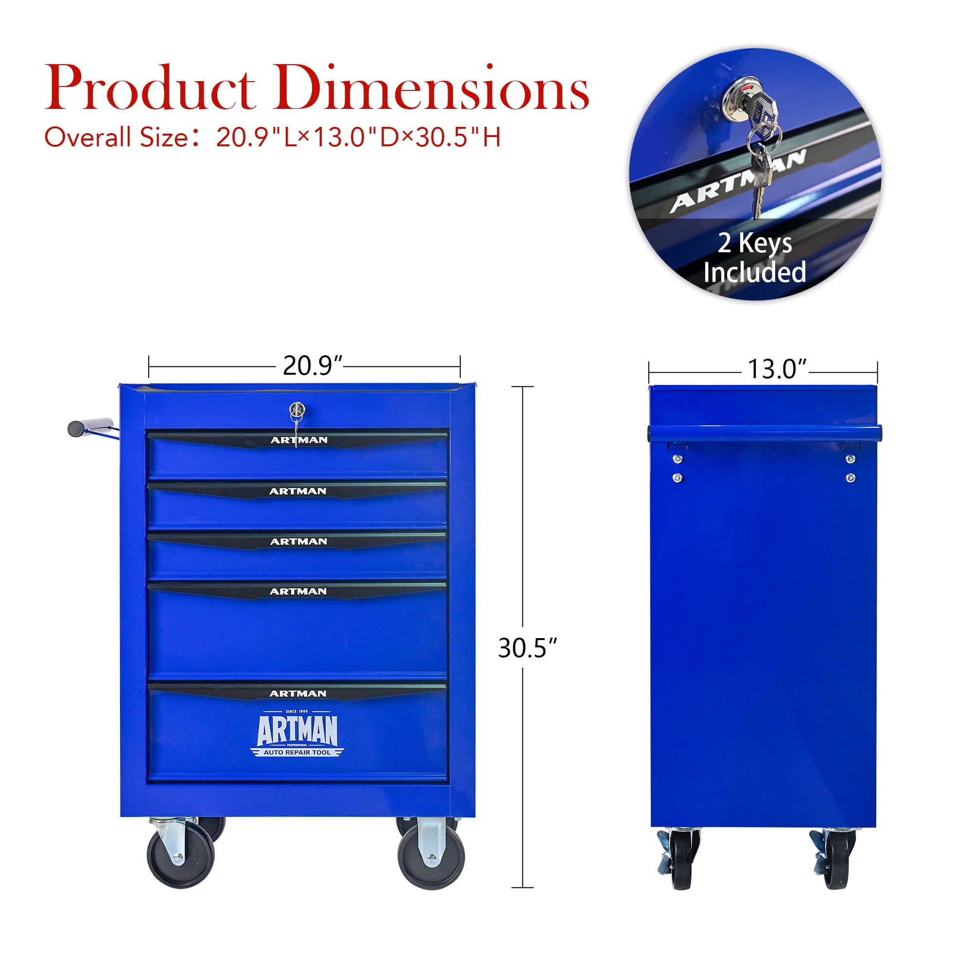 Rolling Metal Tool Chest Cabinet with 5 Drawers & Ball Bearing Drawer Slides, Steel Tool Storage Box Organizer -BLUE