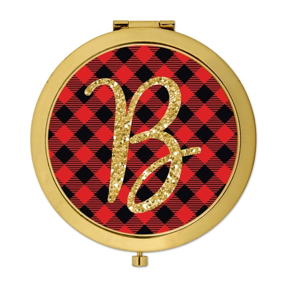 Koyal Wholesale Gold Compact Mirror Bridesmaid's Wedding Gift, Buffalo Red Plaid | Gold Glitter, Monogram Letter B, 1-Pk