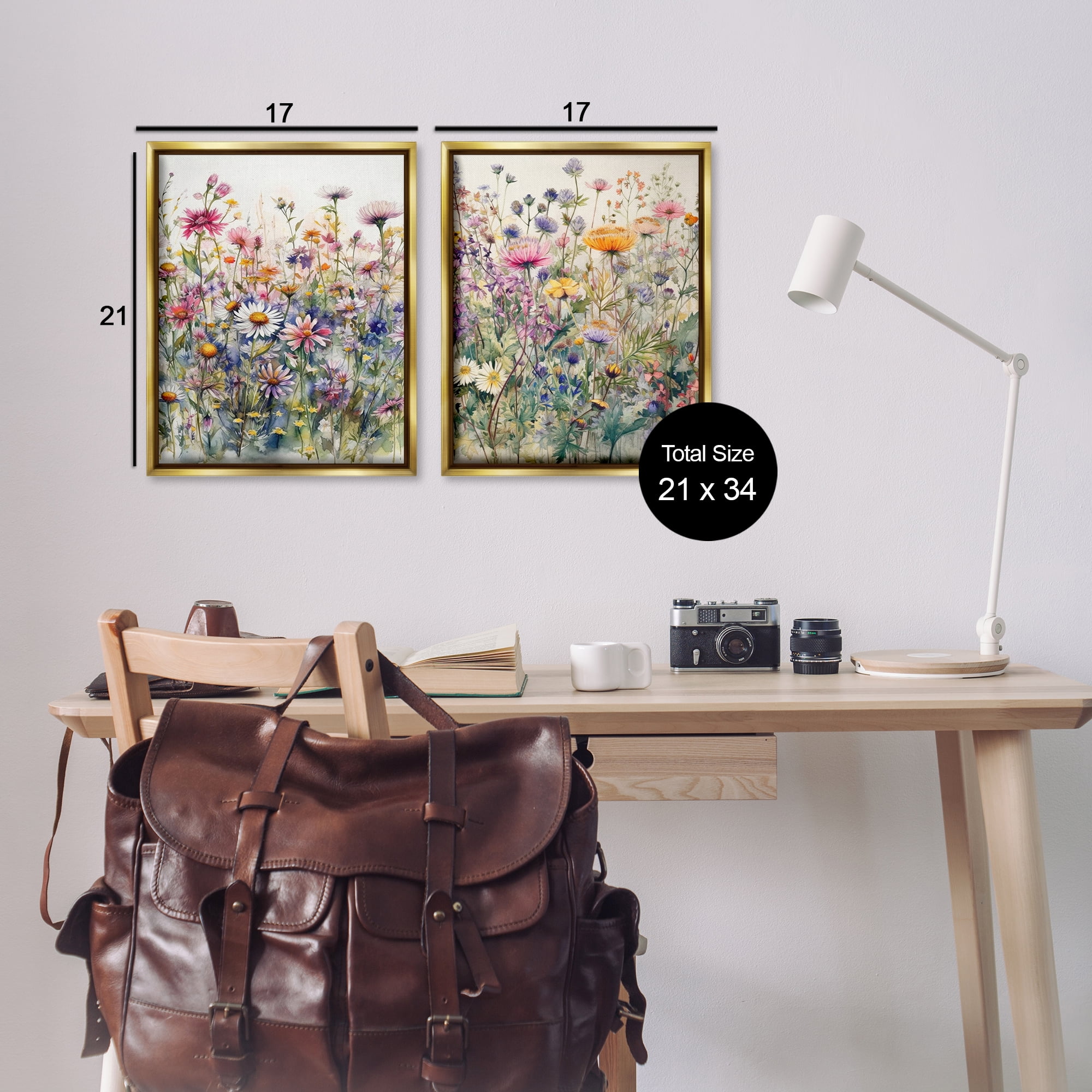 Stupell Industries Watercolor Daisy & Aster Field Plants & Flowers Painting Gold Floater Framed Canvas Art Print Wall Art, 17 x 21, Set of 2