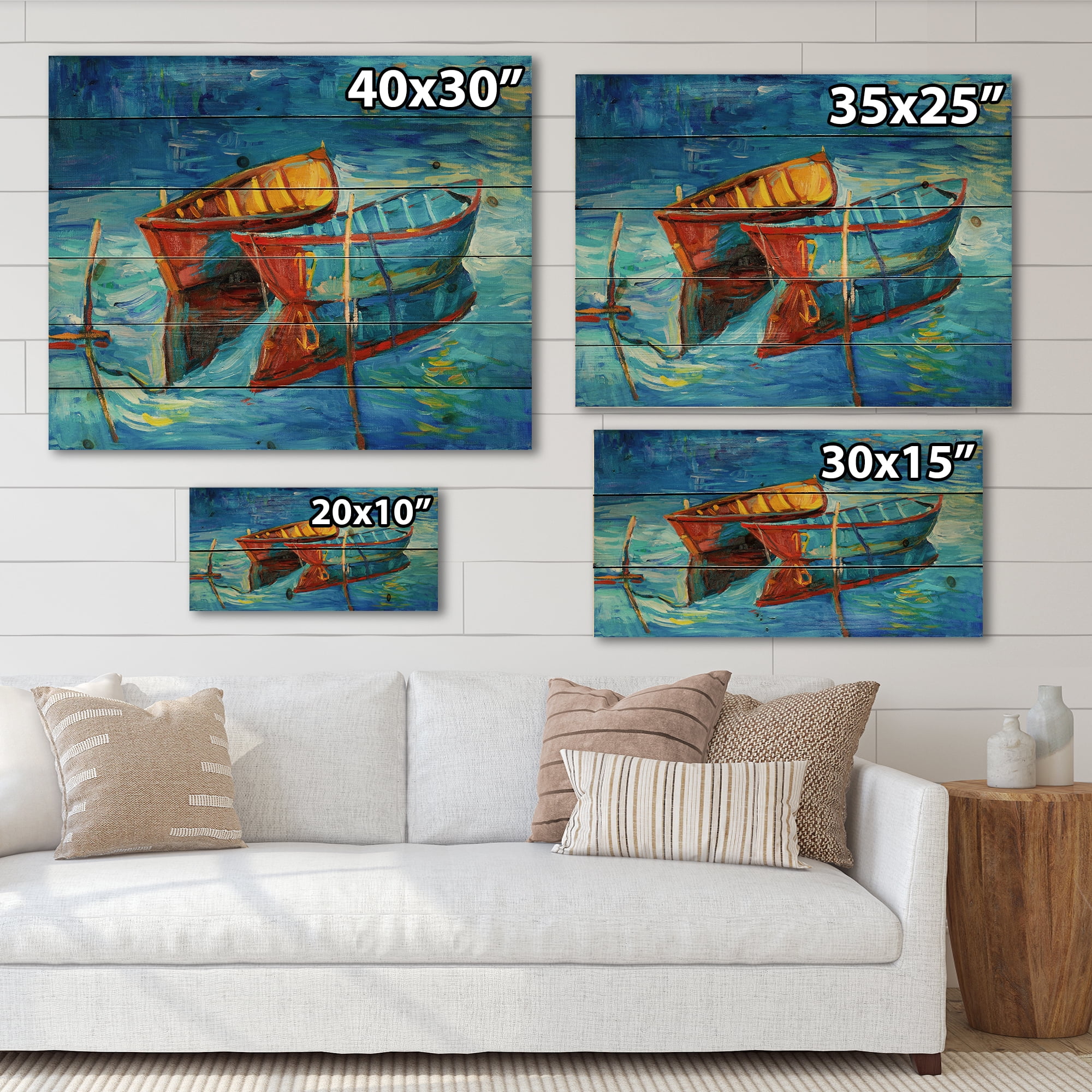 Designart 'Boat At The Lake During Evening Glow III' Nautical & Coastal Print on Natural Pine Wood