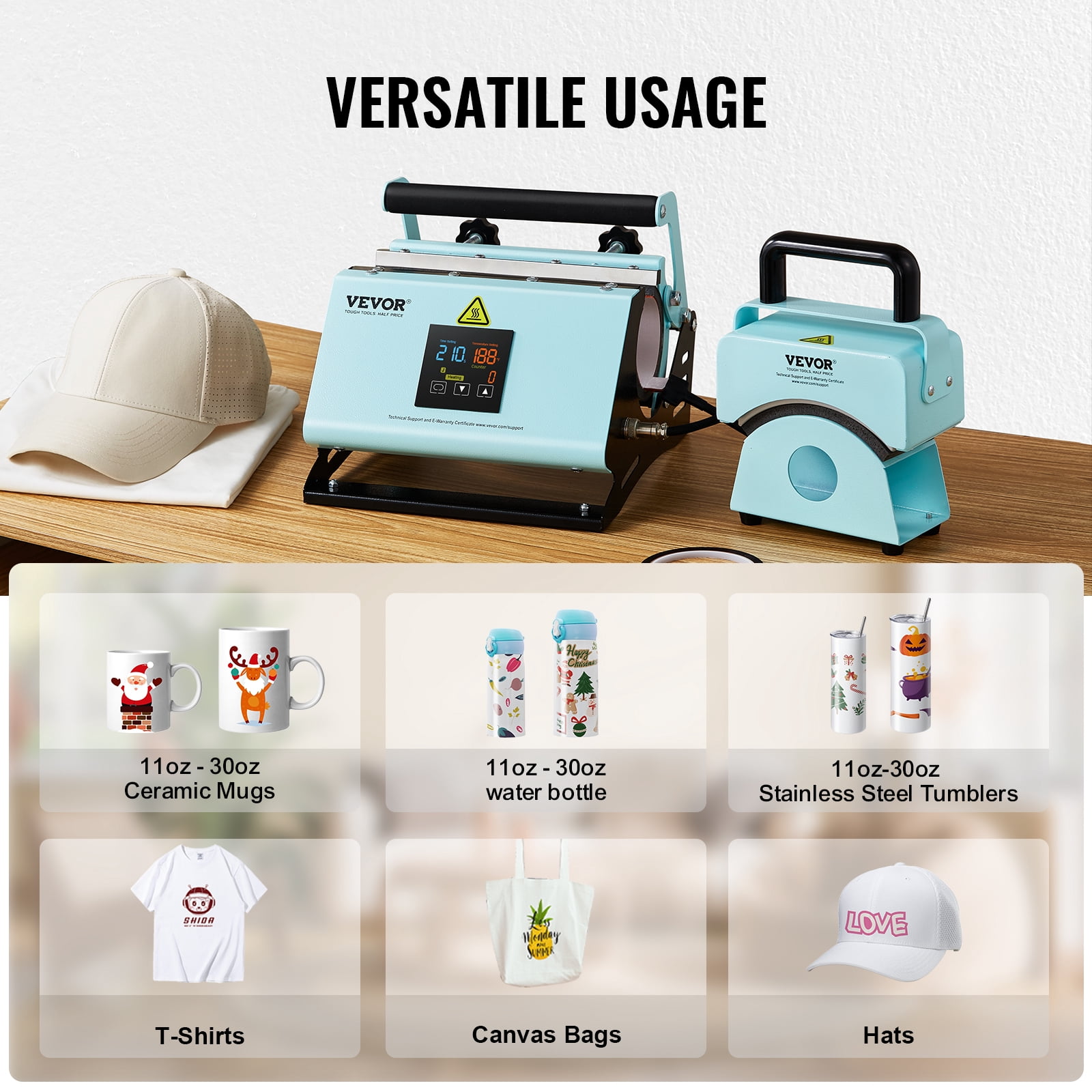 VEVOR 2 in 1 Tumbler and Hat Heat Press Machine, Mini Hat Heat Press for Caps and Hats, Tumbler Heat Press for 11-30oz Sublimation Tumblers and Mugs, Temperature and Time Control, Green