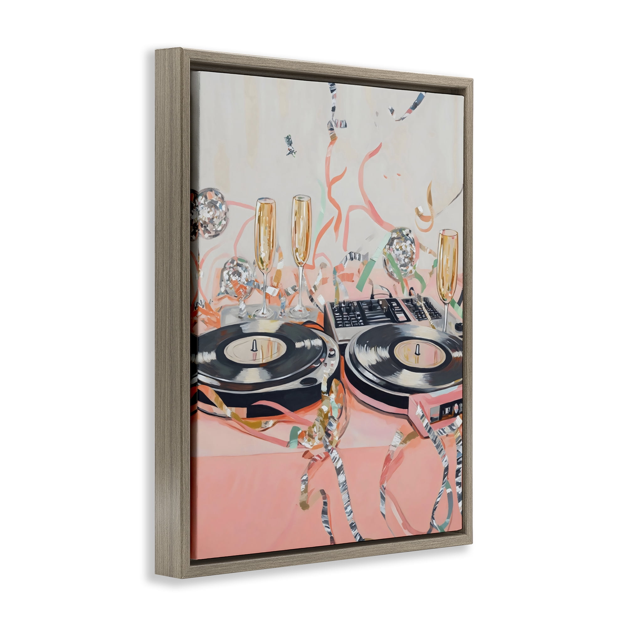 Stupell Industries Retro Turntable & Champagne Party Brown Framed Floater Canvas Wall Art, design by The Prints Vibe