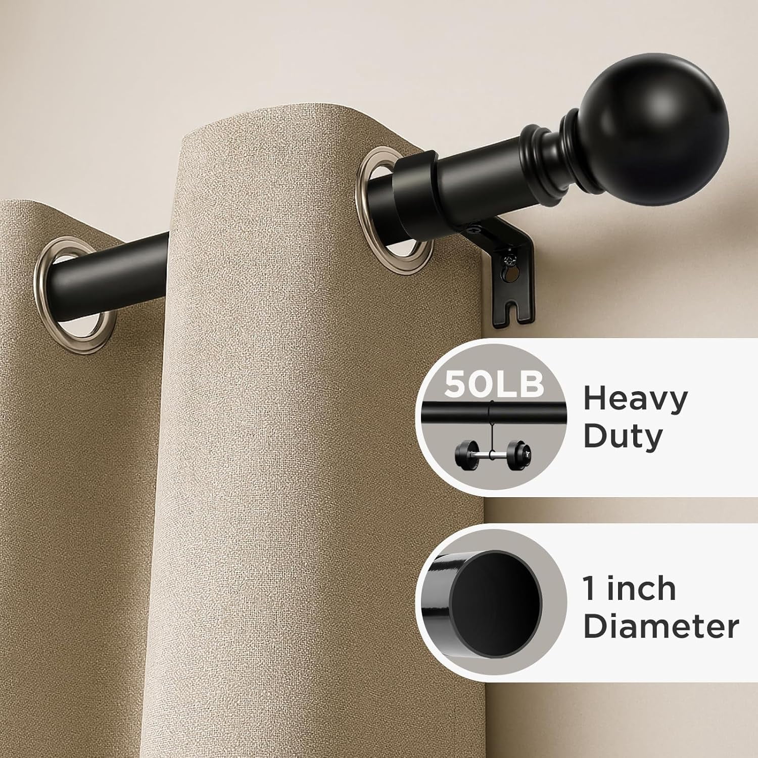 Black Curtain Rods for Windows 32 to 120 inches, 1 inch Diameter Heavy Duty Adjustable Curtain Rods for Bedroom, Sliding Glass Doors, Outdoor, Patio