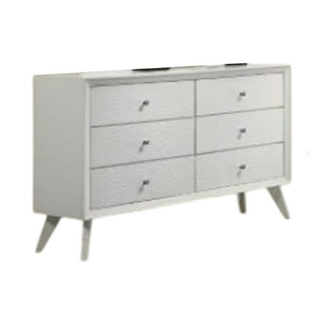 Tory Wide Dresser, 6 Drawers w Bronze Knobs, Textured White Wood