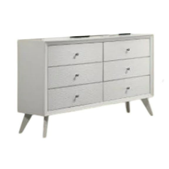 Tory Wide Dresser, 6 Drawers w Bronze Knobs, Textured White Wood