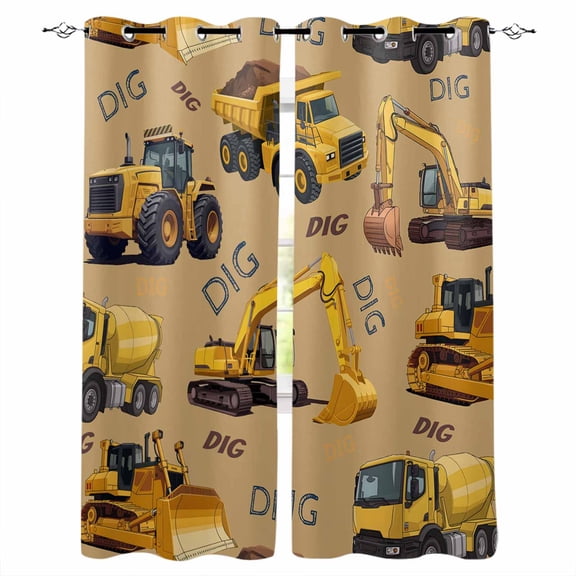 Construction Truck Blackout Curtains for Bedroom/Living Room, Thermal Insulated Kitchen Curtains, Cartoon Grips and Bulldozers Turmeric Grommet Darkening Window Treatment Drapes 27.5"x39"x2
