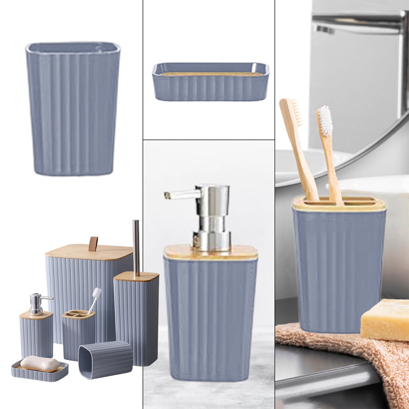 Blueek 6PC Bathroom Accessory Set, Plastic Bathroom Organizer with Toilet Brush, Trash Can, Soap Dispenser for Stylish Home(Gray)
