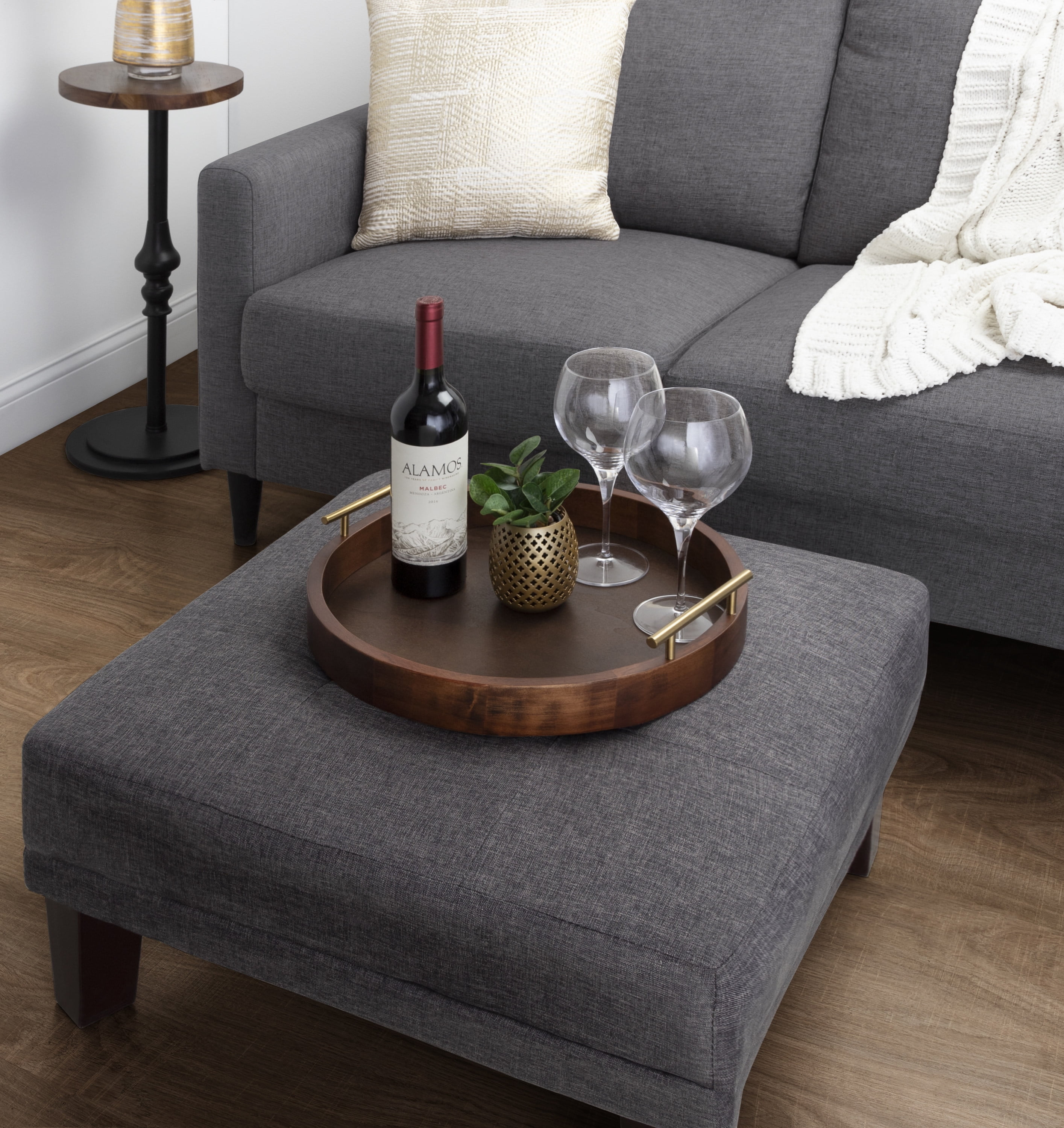 Kate and Laurel Lipton Mid-Century Modern Round Wooden Tray, 15.5" Diameter, Dark Walnut Brown with Gold Handles, Decorative Accent Tray for Storage and Display