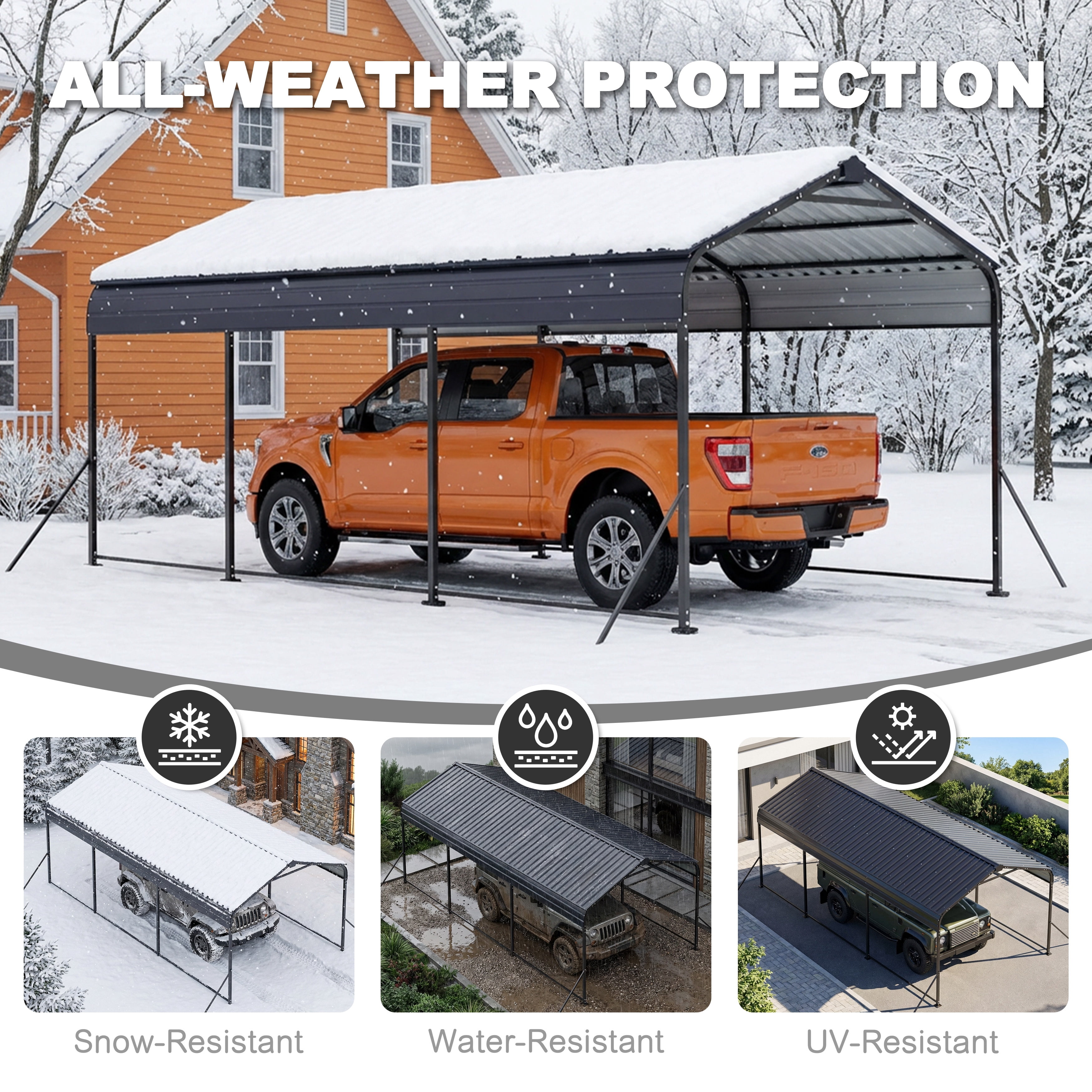 Nuu Garden Steel Carport 15 x 10 FT with Windproof Ground Anchors and Reinforced Frame, All-Weather Multi-Use Outdoor Shelter Outdoor Garage Car Port, Dark Gray and Black