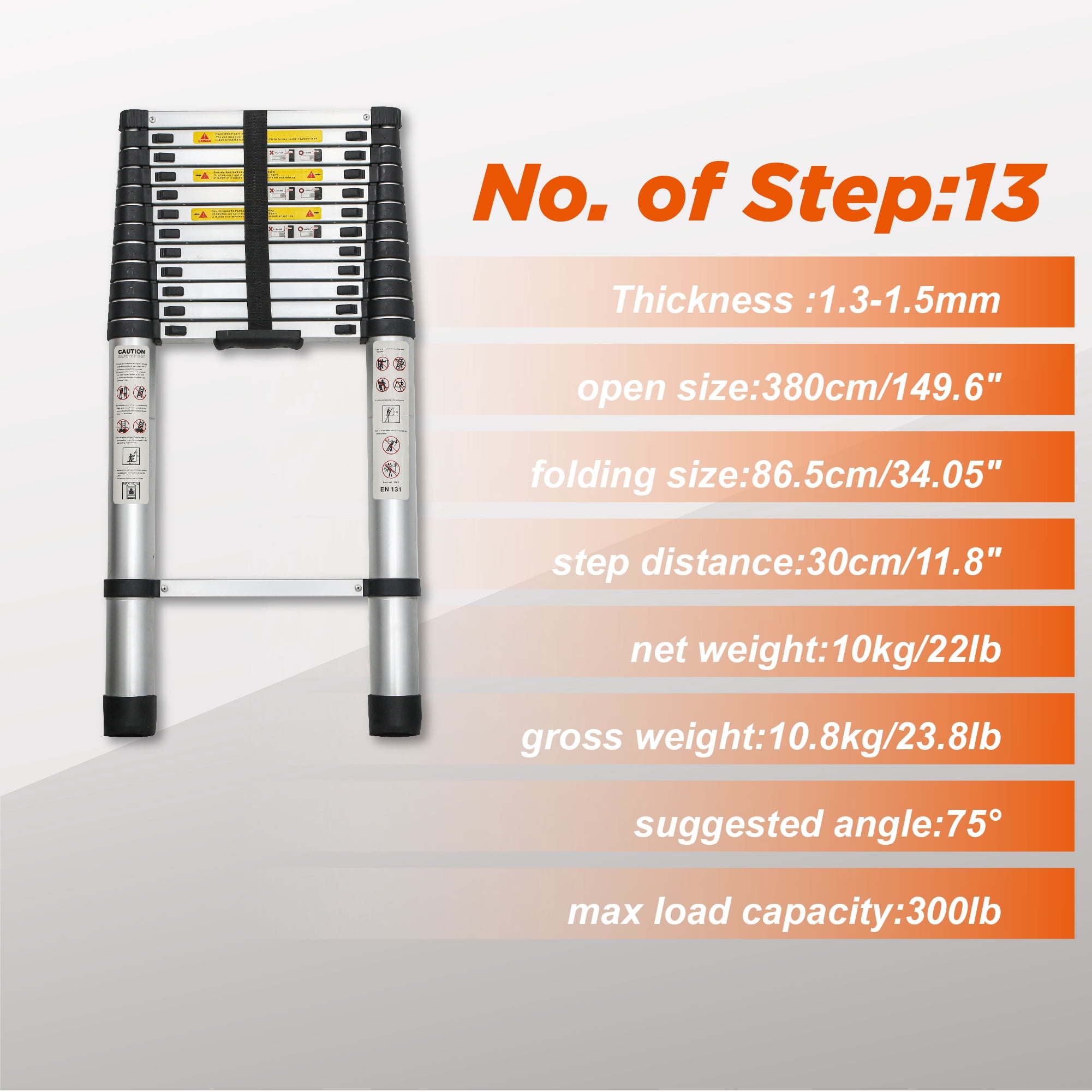 Heavy-Duty 12.5-Foot Telescoping Ladder with Aluminum Alloy Construction, Folding Extension Ladder for Indoor and Outdoor Use, 300 lb Capacity, Black