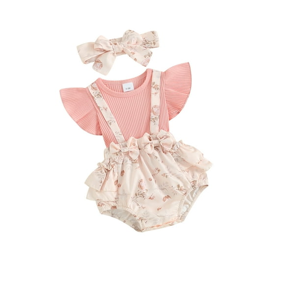 Xsylife Infant Girls Romper Rib Knit Patchwork Floral Print Fly Sleeve Ruffles Jumpsuits Newborn Clothes Baby Bodysuits with Headband