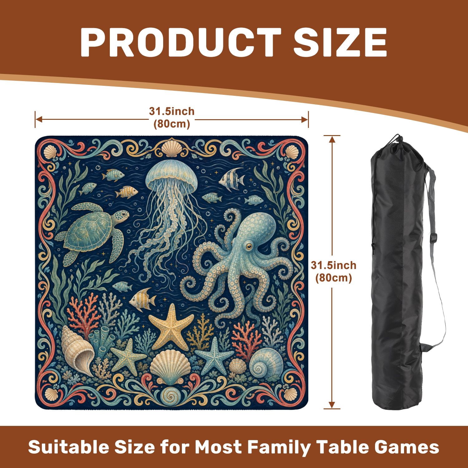 Mahjong Mat 31.5" x 31.5" Whimsical Underwater Ocean Life Jellyfish Turtles Coral Non-Slip Noise Reduction Mahjong Tiles Table Cover for Dominoes Poker Card Board and Tile Games