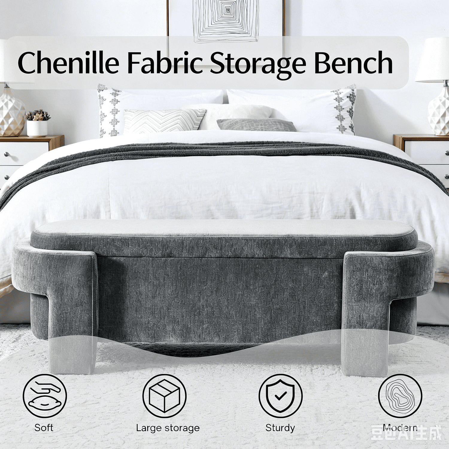 MOONMISS 51.5 Inch Chenille Storage Ottoman Bench with Flip Top No Assembly for Bedroom Entryway Living Room,Grey