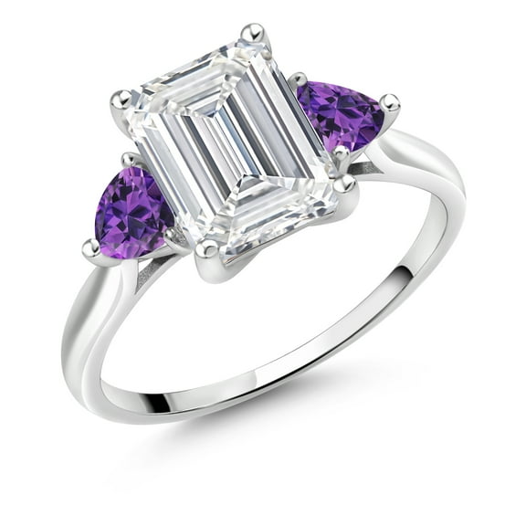 Gem Stone King 10K White Gold IGI Certified VS Lab Grown Diamond & Amethyst 3 Stone Engagement Ring for Women | 3.38 Cttw | Center Emerald Cut Diamond 3 Ct | 4MM Trillion Amethyst (Size 9.5)