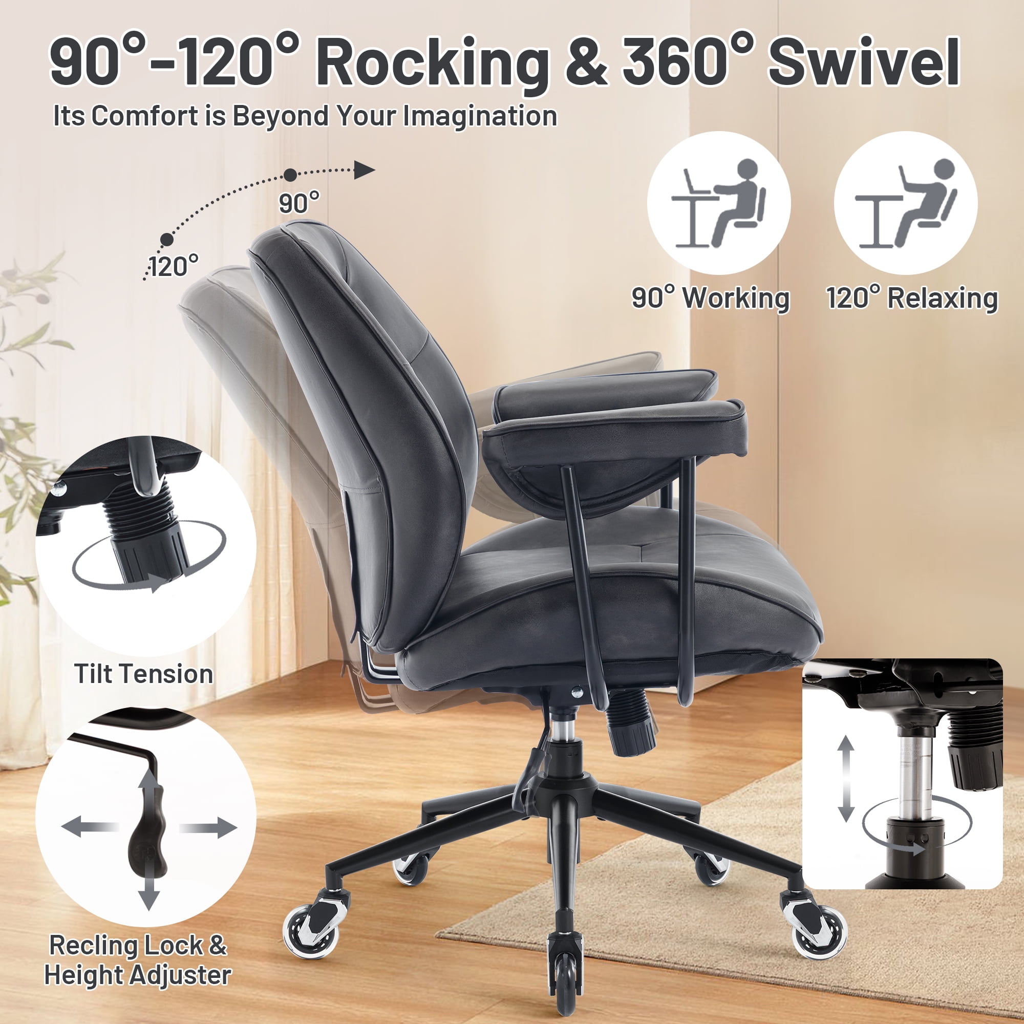 Mid Century Modern Office Desk Chair with Wheels and Arms, Mid Back Ergonomic Office Chair with Lumbar Support, Swivel Leather Computer Desk Chair for All Day Comfort