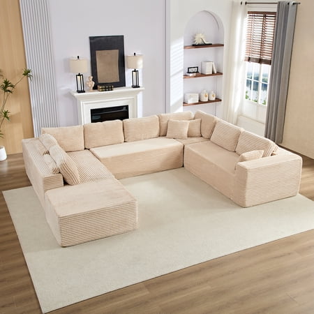 Mjkone 140"Oversized Modular U Shped Sectional Sofa,Corduroy Cloud Couch with Movable Ottoman for Living Room,No Assembly Required,Beige