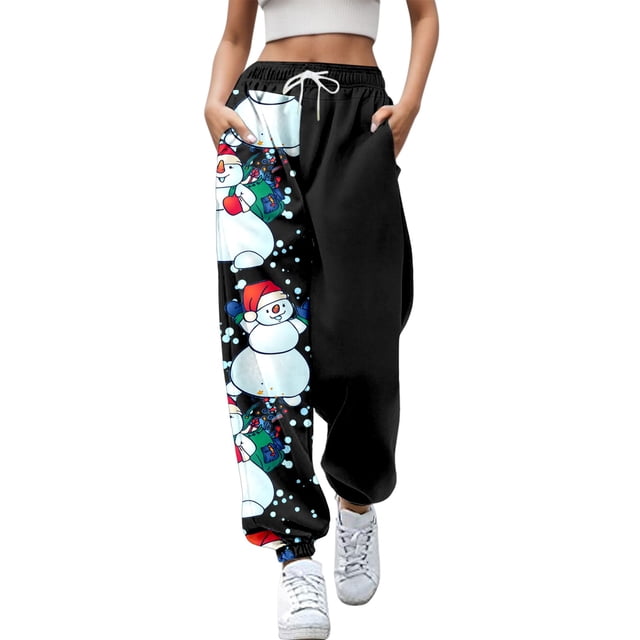 Pantalones deportivos Gibobby Mujer Otoño e Invierno Casual Navidad Divertido impreso Cintura elástica Negro XL