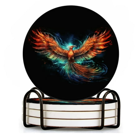 

Drink Coasters Set of 4 with Holder majestic phoenix soaring with vibrant feathers glowing in the dark Water Absorbent Ceramic Coasters Tabletop Protection Suitable for Various Cup Home Decor