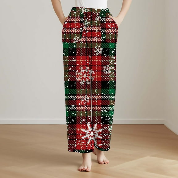 Gamivast Fleece Pajama Pants Women Christmas Graphic Straight Leg Flannel Pants Loungewear Elastic Waist Pull on Sweatpants with Pockets Holiday Party Joggers Christmas Clothing