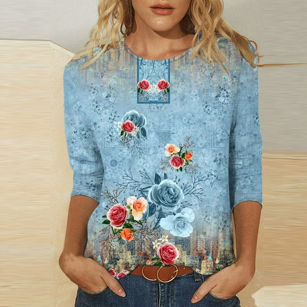 ICHUANYI Clearance Women's Fashion Printed Loose T-shirt 3/4 Sleeves Blouse Round Neck Casual Tops(Blue, XL) ICHUANYI WER2023081015329