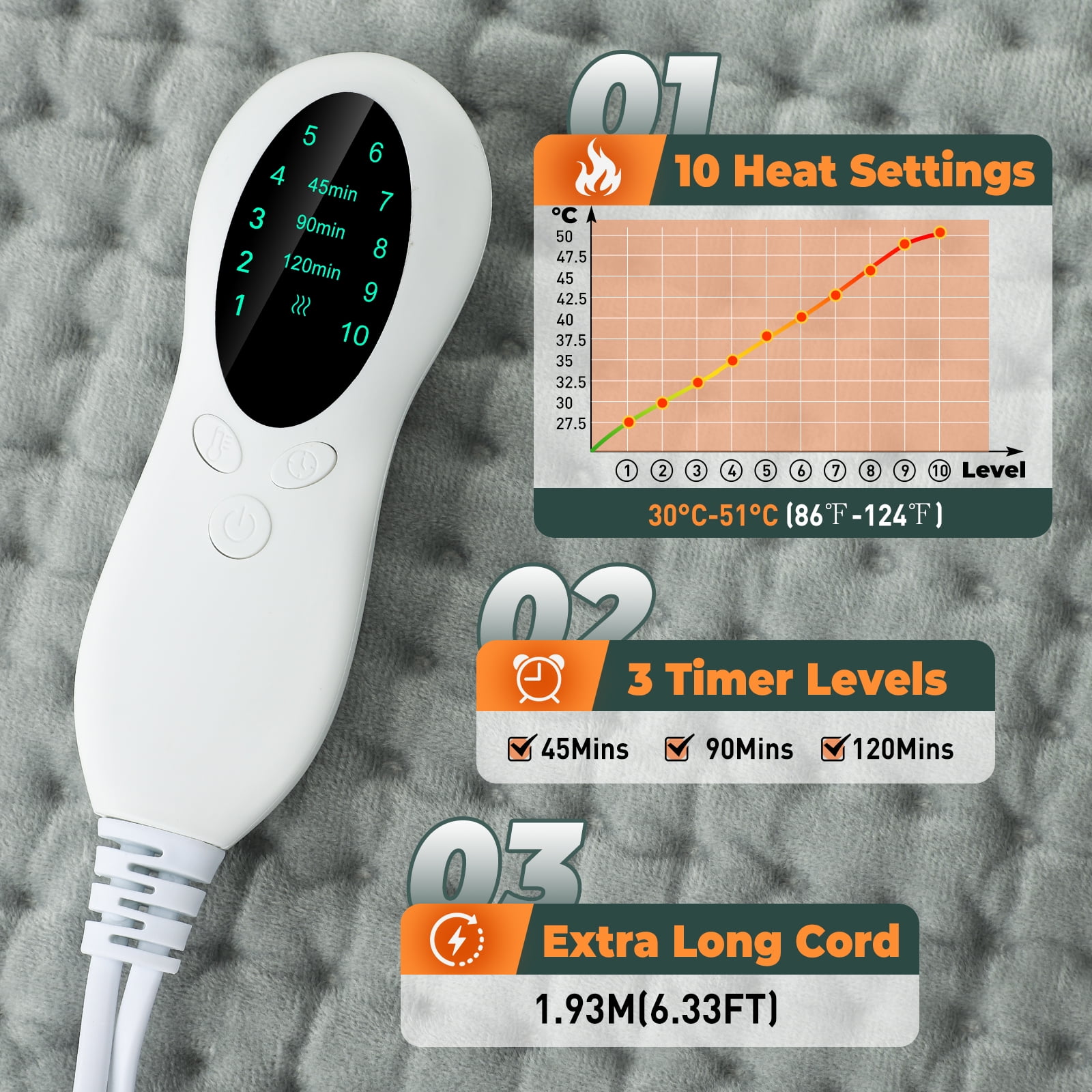 Electric Heating Pad, Electric Heated Blanket with Auto Shut-Off, Long Heated Pad with 3 Timing 10 Temperature Control, Hot Compress for Back Abdomen Period Cramps Drive Cold Keep Warm, 12 * 23 inch