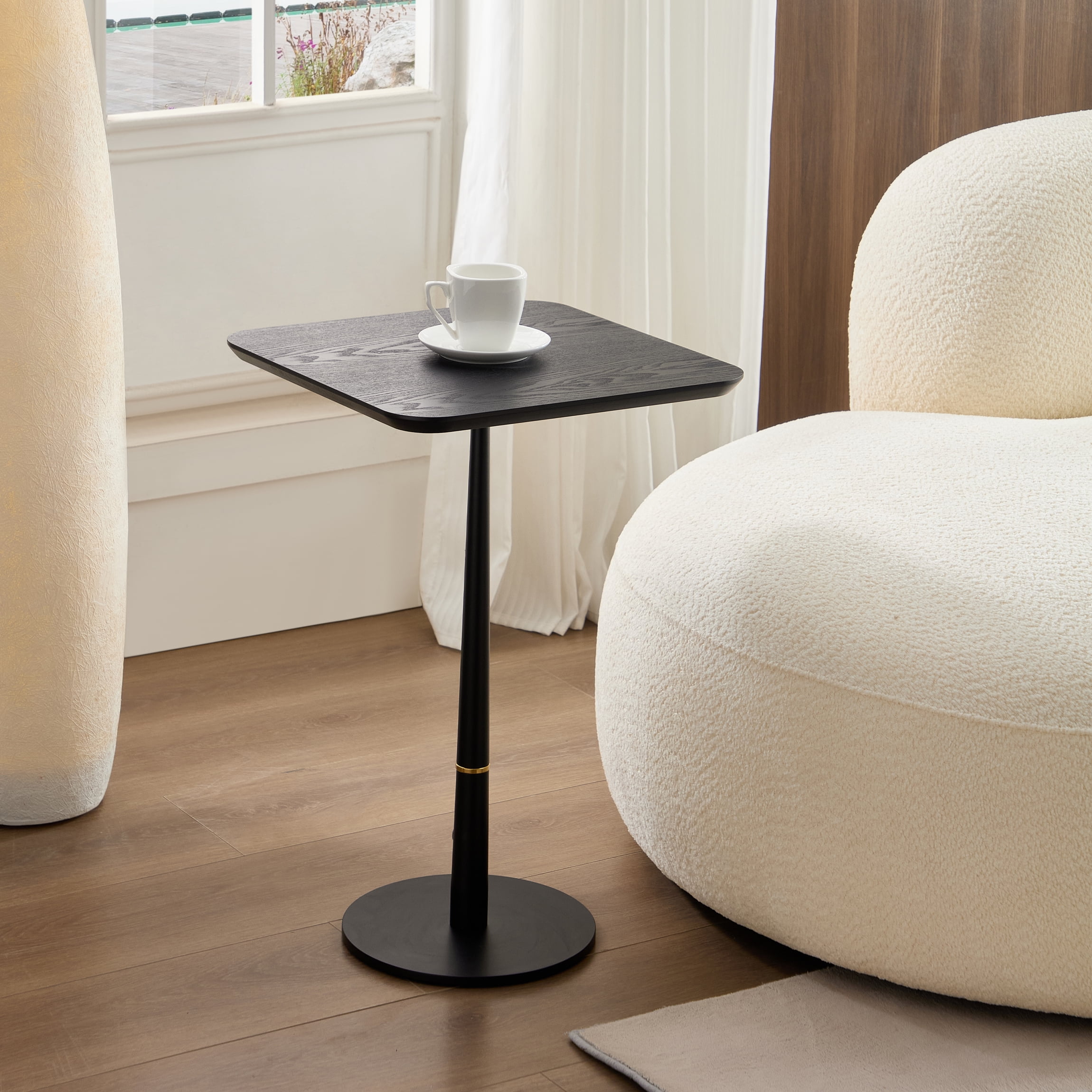 Square Coffee Table, Black Matte MDF Side Table with Metal Feet & Gold Decorative Ring, Waterproof Wear-Resistant Accent Table for Living Room Lounge Sofa Corner, Multi-Use as Computer Desk