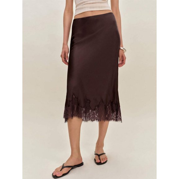 Brown Silk Satin Midi Skirt With Lace Hem Elastic Waist A-Line Flowy