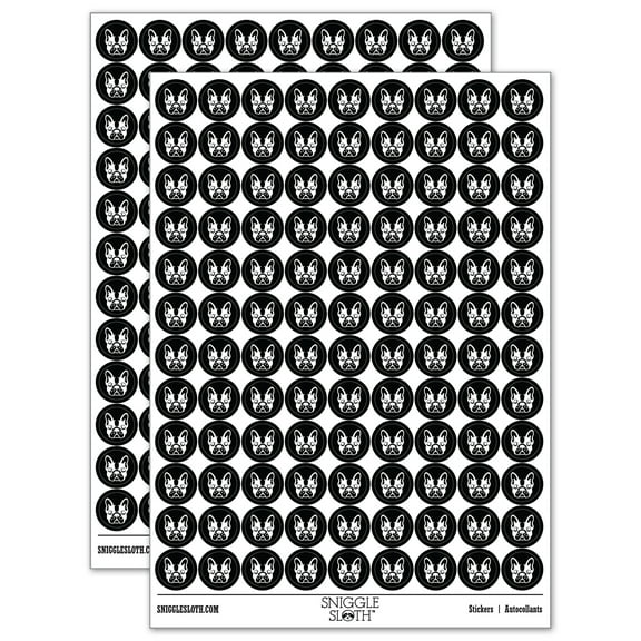French Bulldog Face 200 Round Stickers - Black - Gloss Finish - 0.50" Size