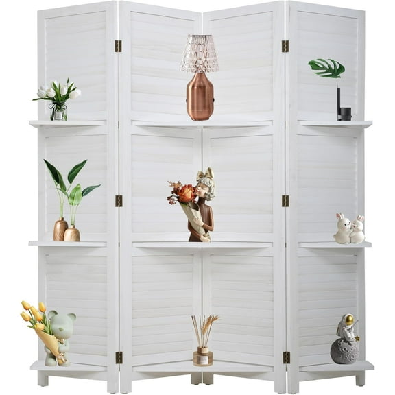 CL.HPAHKL 4 Panel Room Divider with Shelves, Folding Wood Privacy Screen Portable Room Partitions and Dividers for Home Office, White