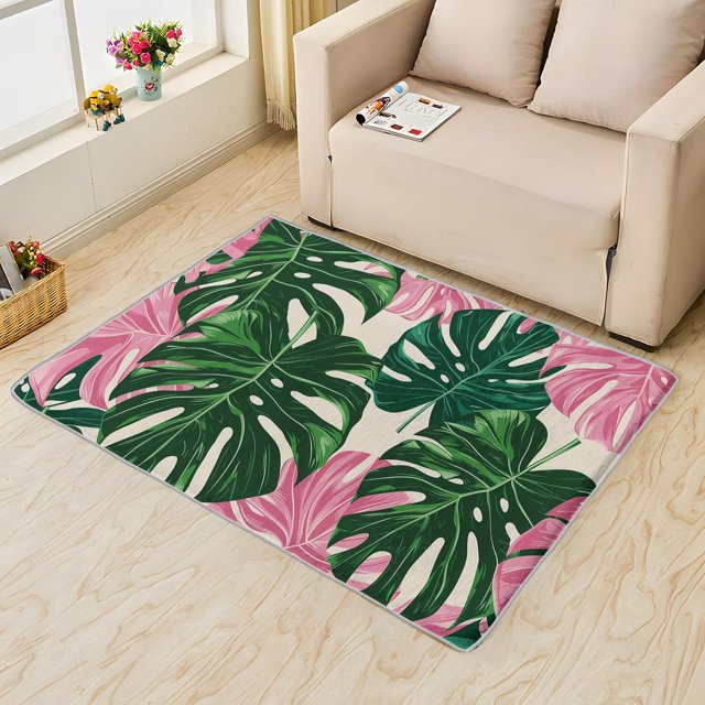 Monstera Leaf Rug 4x7 Area Rugs for Bedroom Living Room, Tropical Green Area Rug, Botanical Carpet Machine Washable Non-Slip Rug, Soft Low Pile Area Rug, Indoor Decorative Rugs G&n127