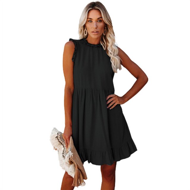 New Women's Solid Color Sleeveless Ruffle Stitching A Line Dress Pleating Casual Dress