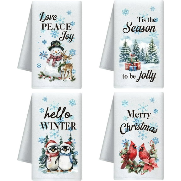 Christmas Scene Decorative Kitchen Towels Set of 4 Soft Absorbent Microfiber Dish Towel for Kitchen Tea Coffee Bar Home Best Gift for Housewarming Christmas Winter