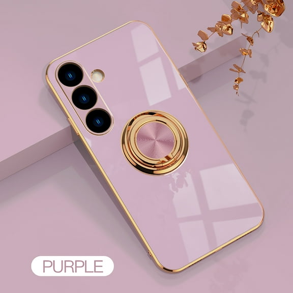 Case for Samsung Galaxy S25 Case with Ring Stand [360° Rotatable Ring Holder Magnetic Kickstand][Support Car Mount] Plating Rose Gold Edge Soft Flexible TPU Luxury Phone Case Cover, Purple