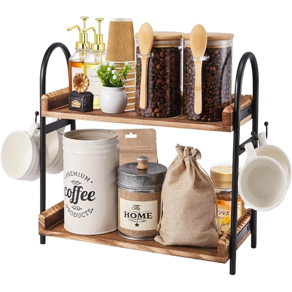 Coffee Bar Accessories, 2-Tier Coffee Bar Organizer with 4 Coffee Cup Holder Hooks, Mul-tifunctional Wooden Beaded Coffee Station Countertop Stand Shelf for Kitchen Home Office