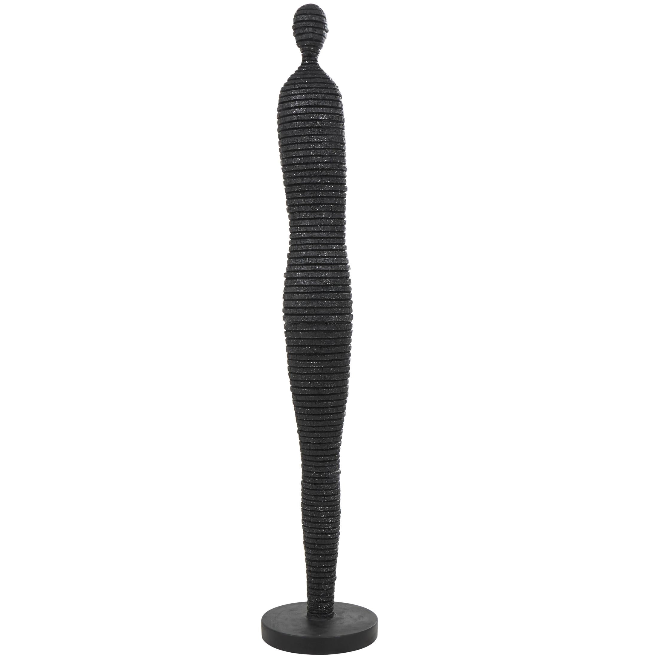 8" x 43" Black Polyresin Tall Slim Figure People Sculpture with Ribbed Body and Glitter Accents, by DecMode