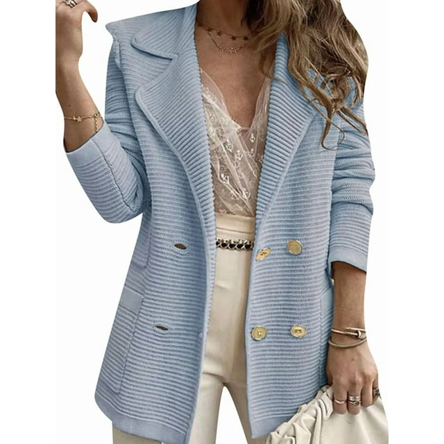 Women Long Sleeve Double Breasted Blazer Jackets Lapel Ribbed Open Front Fall Blazer Coats with Pockets Sky Blue S