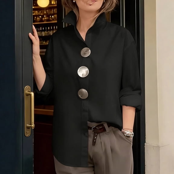 ClodeEU Women's Long Sleeve Big Buttons Blouse,Casual Solid Color Shirt Top for Office Black,Women's Plus L
