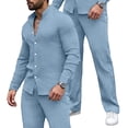 thumbnail image 4 of Men's 2 Piece Vertical Striped Textured Outfits Summer Casual Long Sleeve Button Down Shirts and Pants Matching Sets Light Blue, 4 of 8