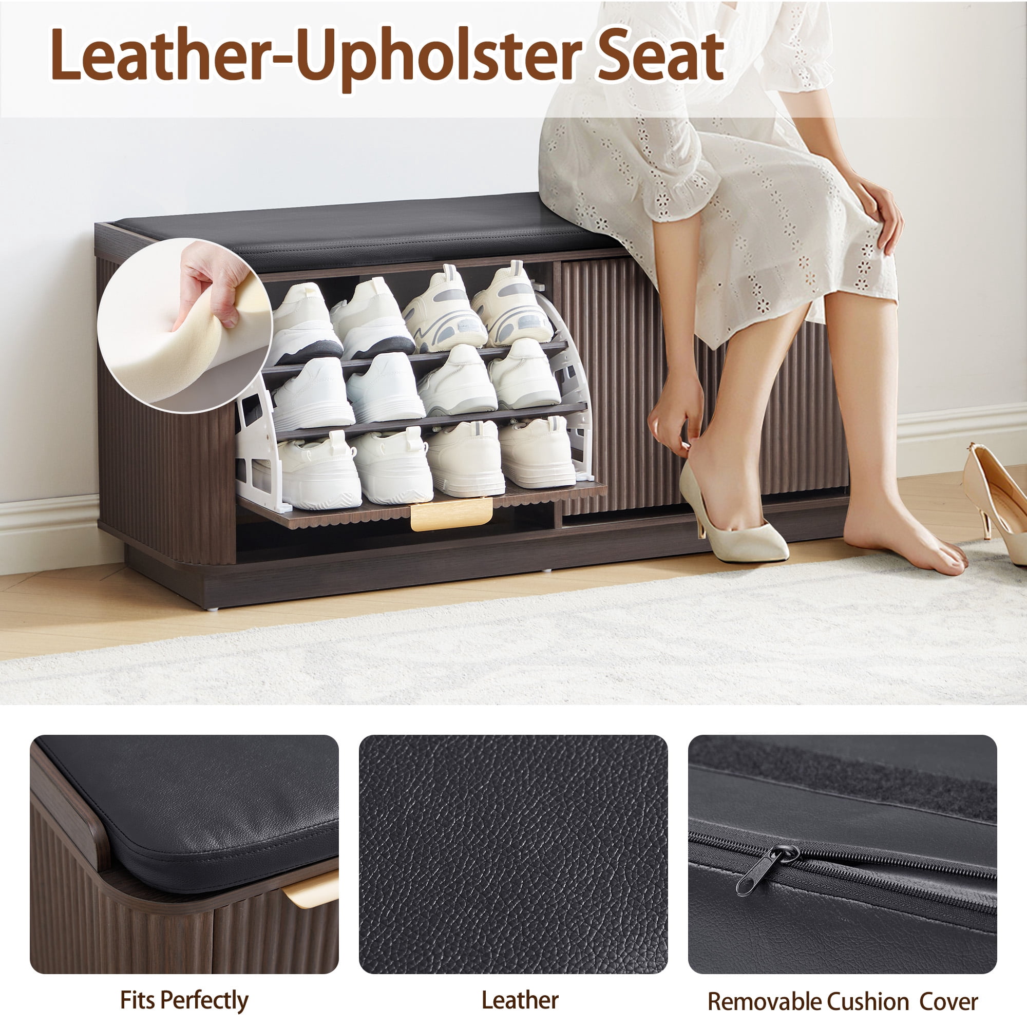 Wirrytor Fluted Shoe Storage Bench with Cushion and 2 Flip Drawers, 3-Tier Wooden Entryway Bench Shoe Organizer for Hallway Bedroom, Black