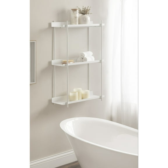 Kate and Laurel Dominic Modern Metal Bathroom Shelf, 20 x 7 x 30, White, Contemporary Sleek 3-Tier Floating Shelves for Wall Decor, Display, and Over Toilet Storage