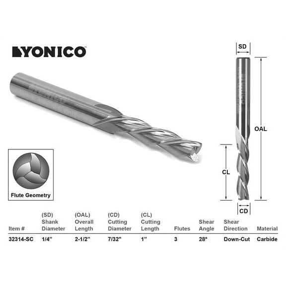 Yonico CNC Router Bit Down Cut 3 Flute 7/32" Dia. X 1" X 1/4" Shank - 32314-SC