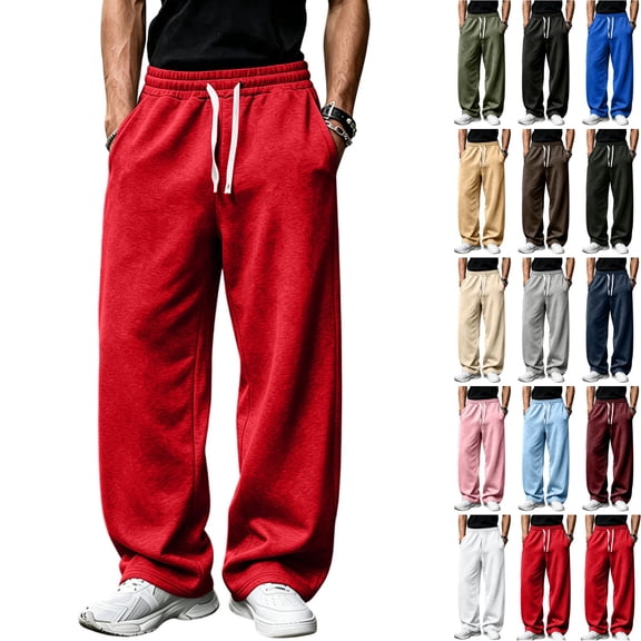 WULMLEO Men's Wide Leg Sweatpants with Pockets Drawstring Loose Fit Baggy Athletic Pants for Fall Casual Red S