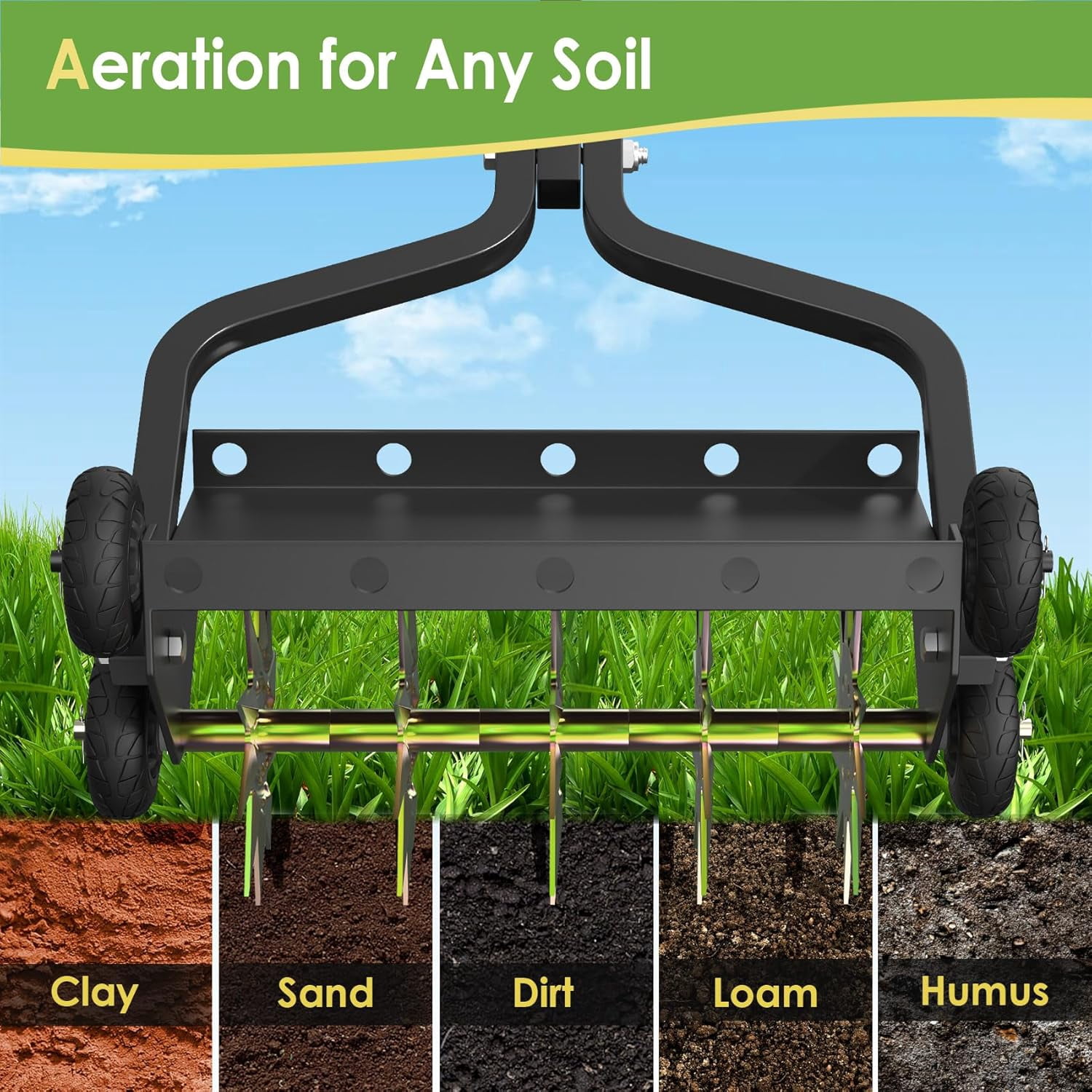 DKMOCO 18in Lawn Aerator, Upgraded Heavy Duty Manual Lawn Aerators Tool w/ 3D Steel Tines and 4 Wheels, Push Spike Aerator Suitable for Garden, Lawn and Yard