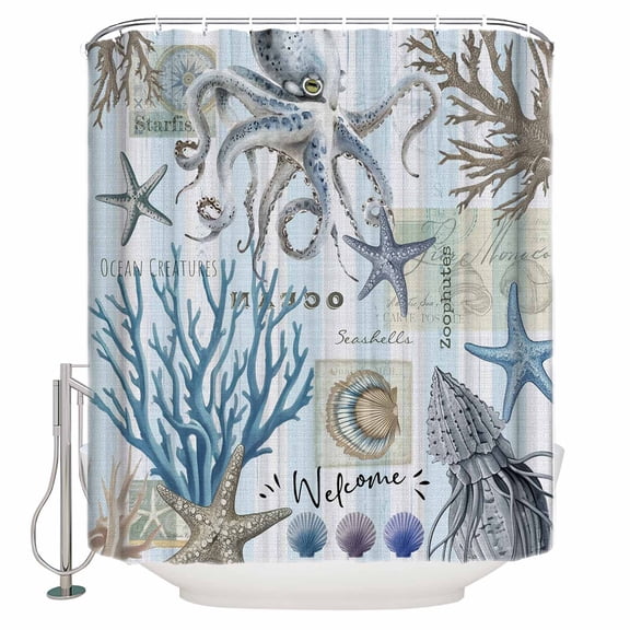 Fabric Shower Curtain Ocean Nautical Starfish Octopus Coral Shell Plaid Wood Grain Shower Curtains with 12 Hooks Waterproof Machine Washable Bath Curtains for Bathroom, 48x 72in