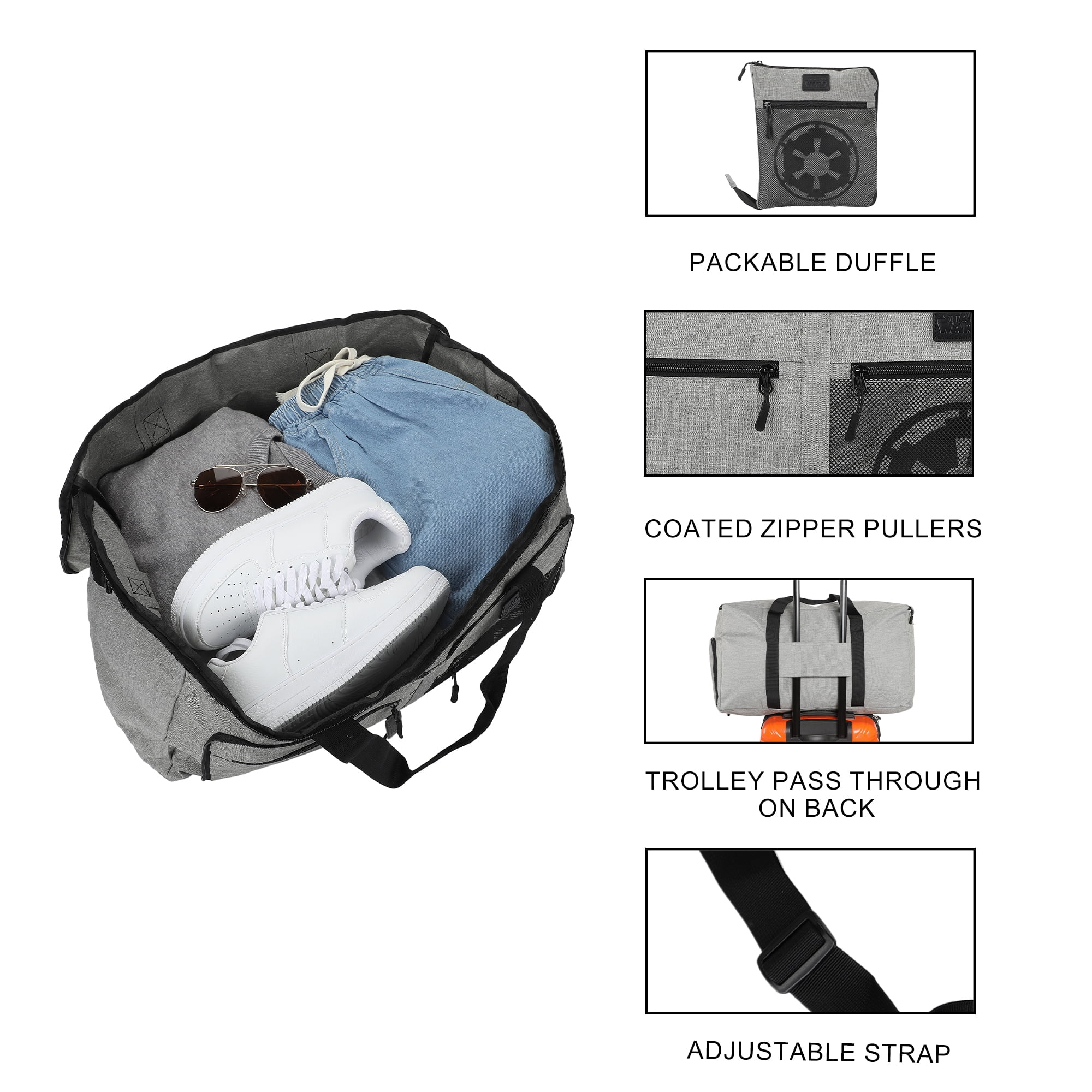 Star Wars Galactic Empire 24" Packable Travel Duffle Bag, Shoe Compartment, Removable Shoulder Strap & Front Storage Pockets