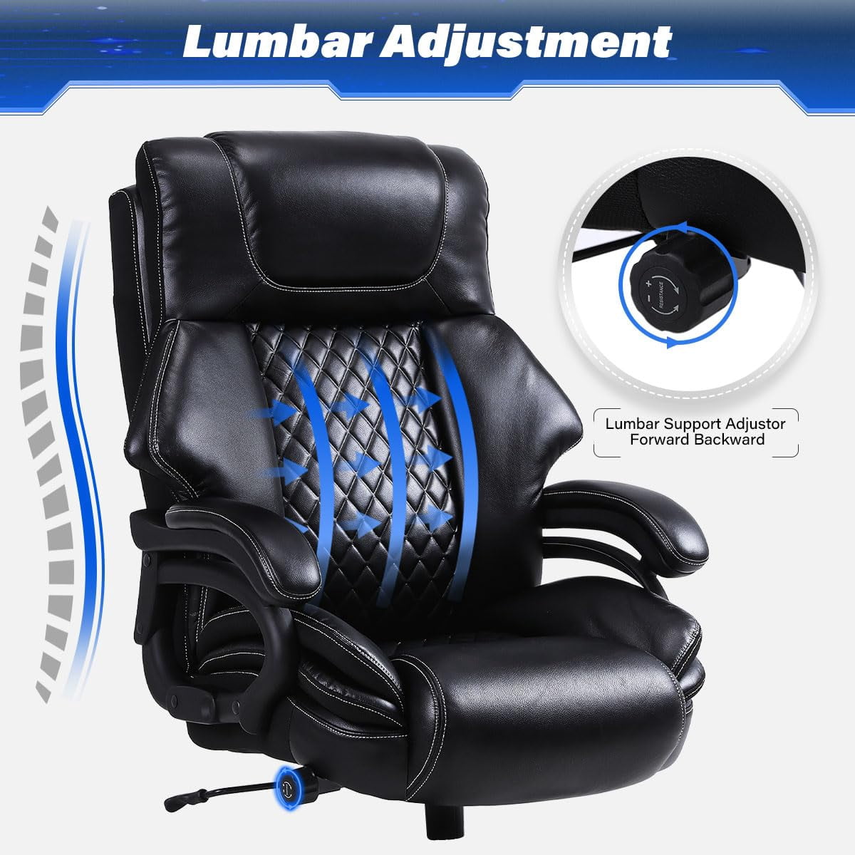 JONPONY Leather Office Chair, Big and Tall 500lbs Ergonomic Desk Chairs with Back Support, Executive Leather Chair with Wheels for Home Office, with Adjustable Padded Armrest & Lumbar Support , Black